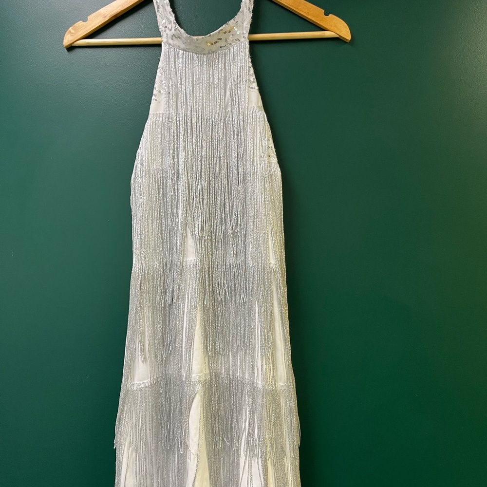 White and silver fringe flapper dress